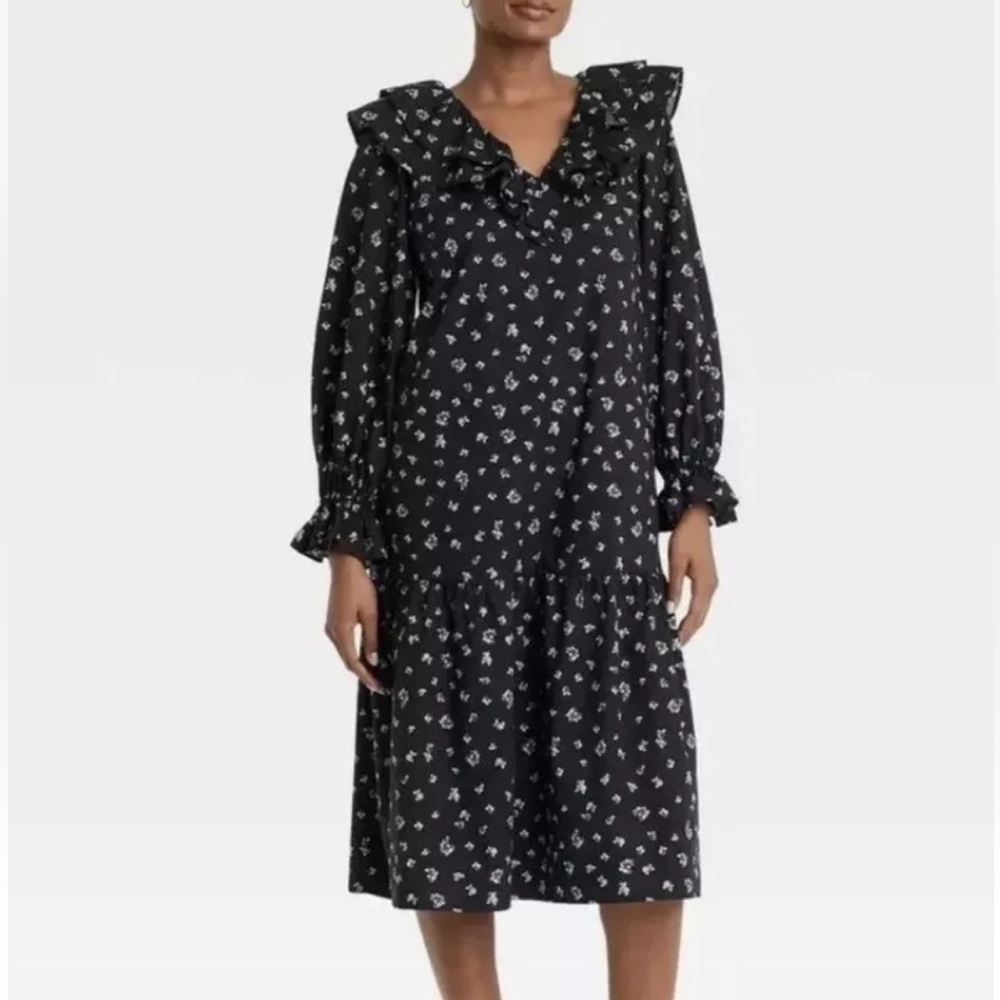 Who What Wear Black Cotton Ruffle Neck Floral Ditsy Midi Dress Size XS